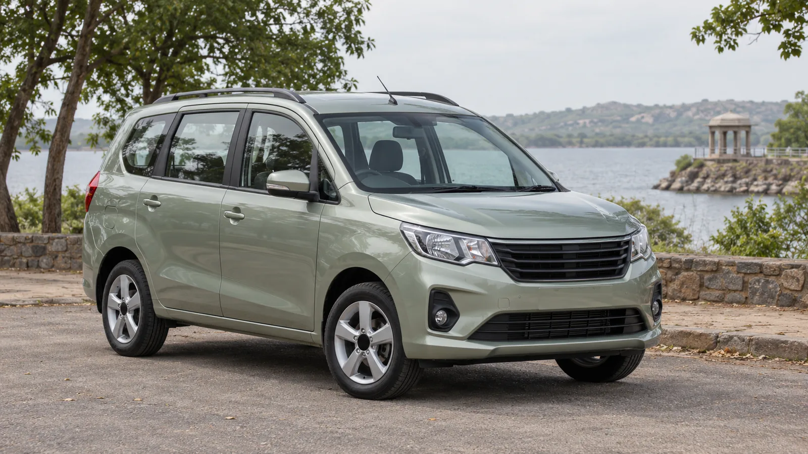 AI-generated illustration of a generic unbranded sage-green compact MPV in an Indian lakeside setting, not an actual Renault Triber or official design