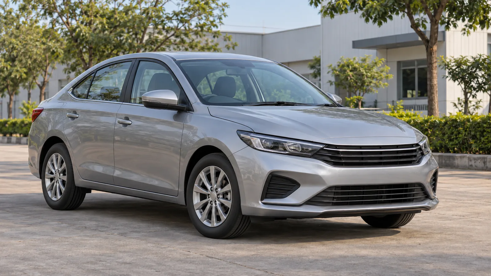 AI-generated generic silver sedan outside an Indian industrial campus, not a Schaeffler facility or product