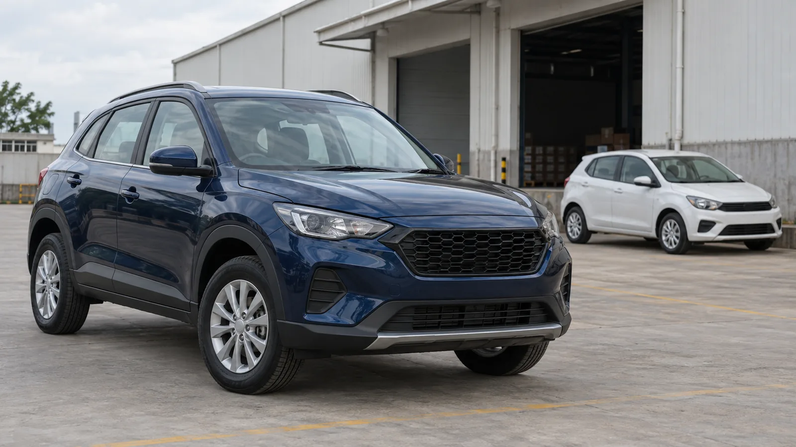 Illustrative unbranded blue crossover and white hatchback in a generic Indian vehicle holding area