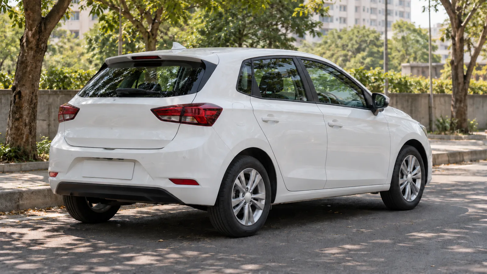 AI-generated illustration of a generic unbranded white hatchback beside an Indian road, not a Sivers customer vehicle or LiDAR installation
