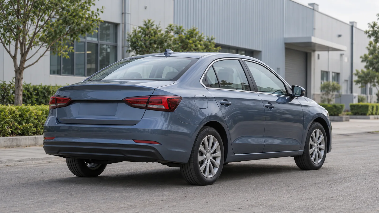 AI-generated illustration of a generic unbranded blue sedan near a components factory, not an actual SKF facility or official vehicle design