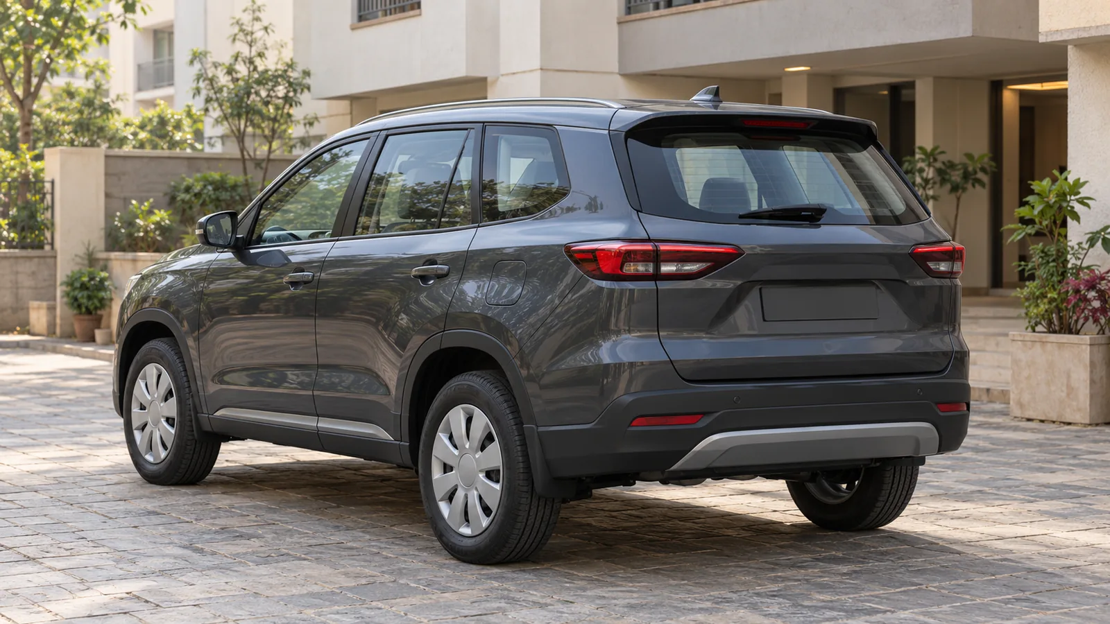 AI-generated generic unbranded charcoal family SUV in an Indian residential courtyard, not an actual Skoda Kodiaq