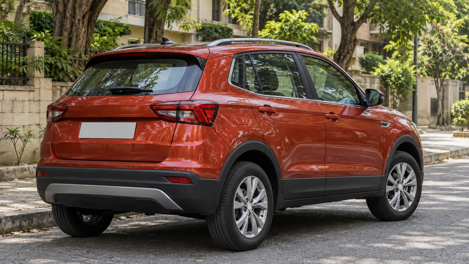 Generic unbranded copper-red compact SUV parked on a leafy Bengaluru residential road, illustrative scene