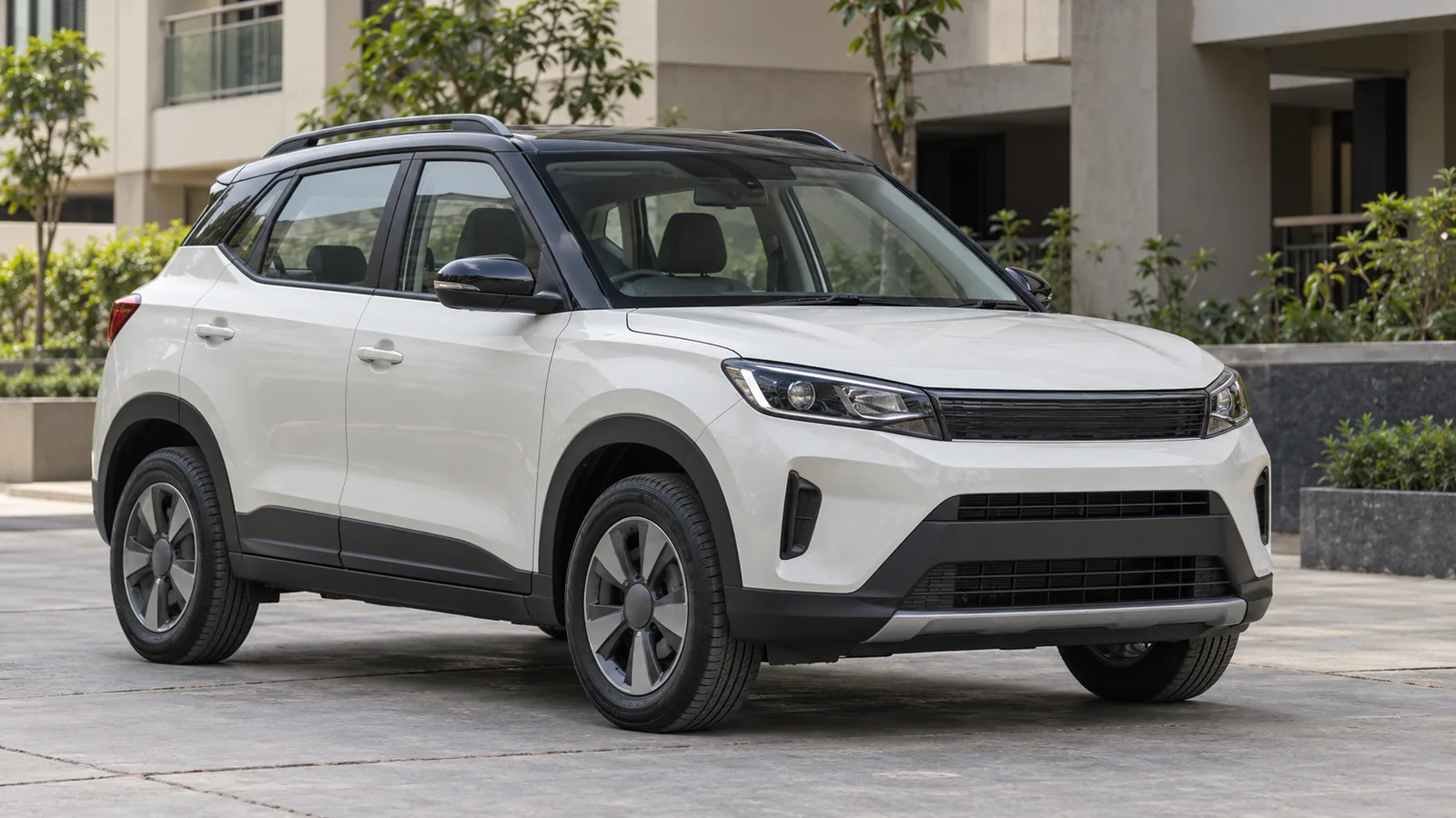 AI-generated illustration of a generic unbranded white compact SUV in an Indian residential courtyard, not an actual Skoda Kylaq