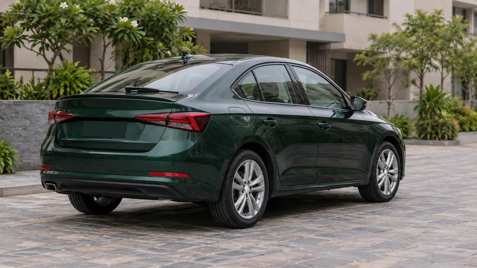 AI-generated illustration of a generic unbranded green sporty liftback in an Indian courtyard, not an actual Škoda Octavia RS