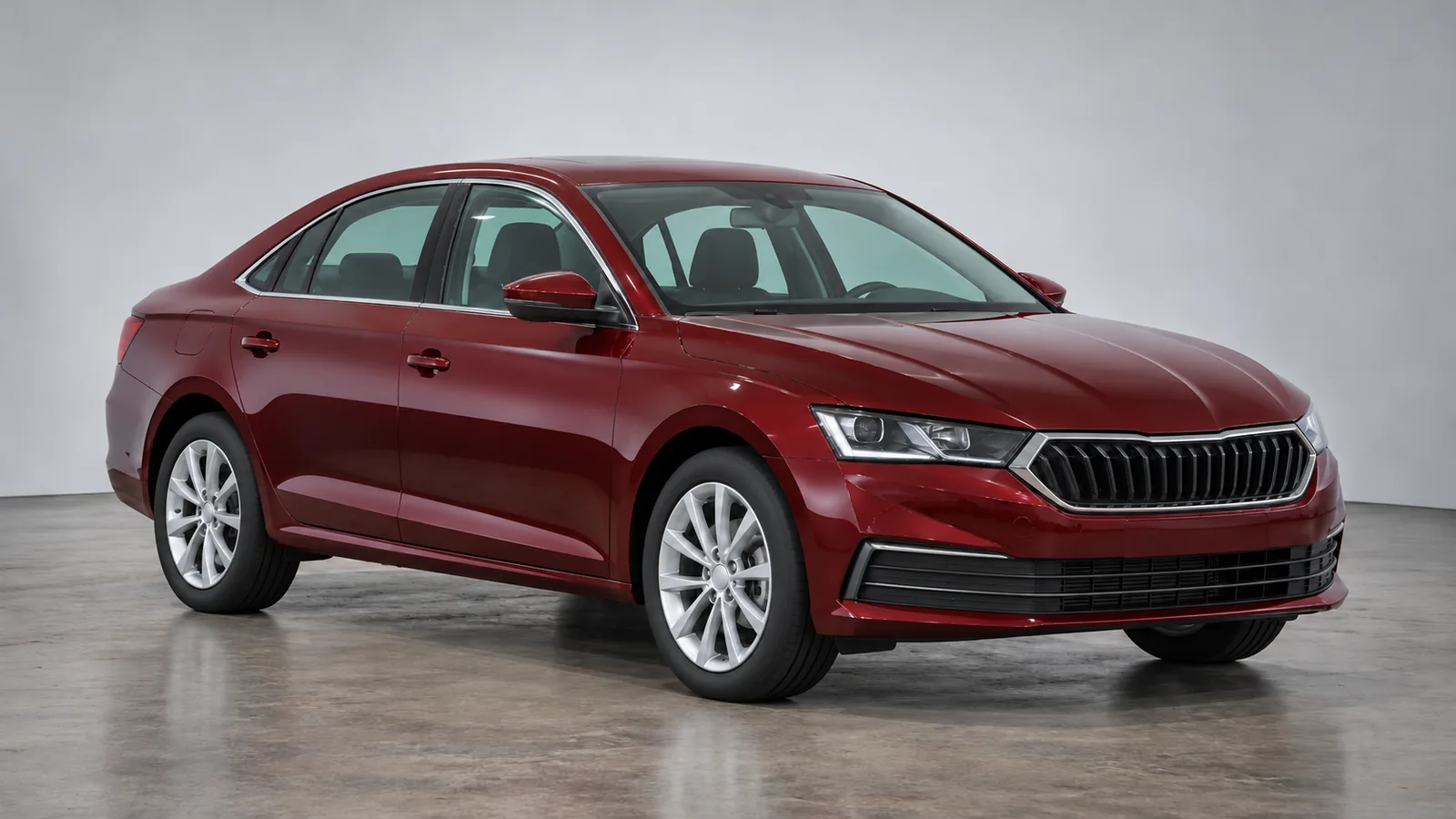 AI-generated generic burgundy family sedan in a photography studio, not an actual Skoda Slavia