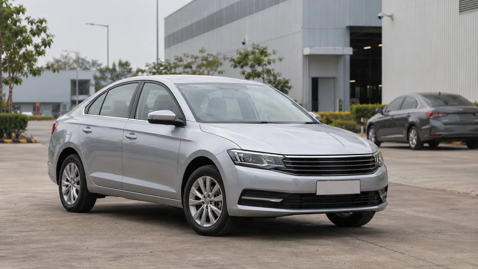 Illustrative unbranded silver sedan outside an automotive manufacturing building in Pune
