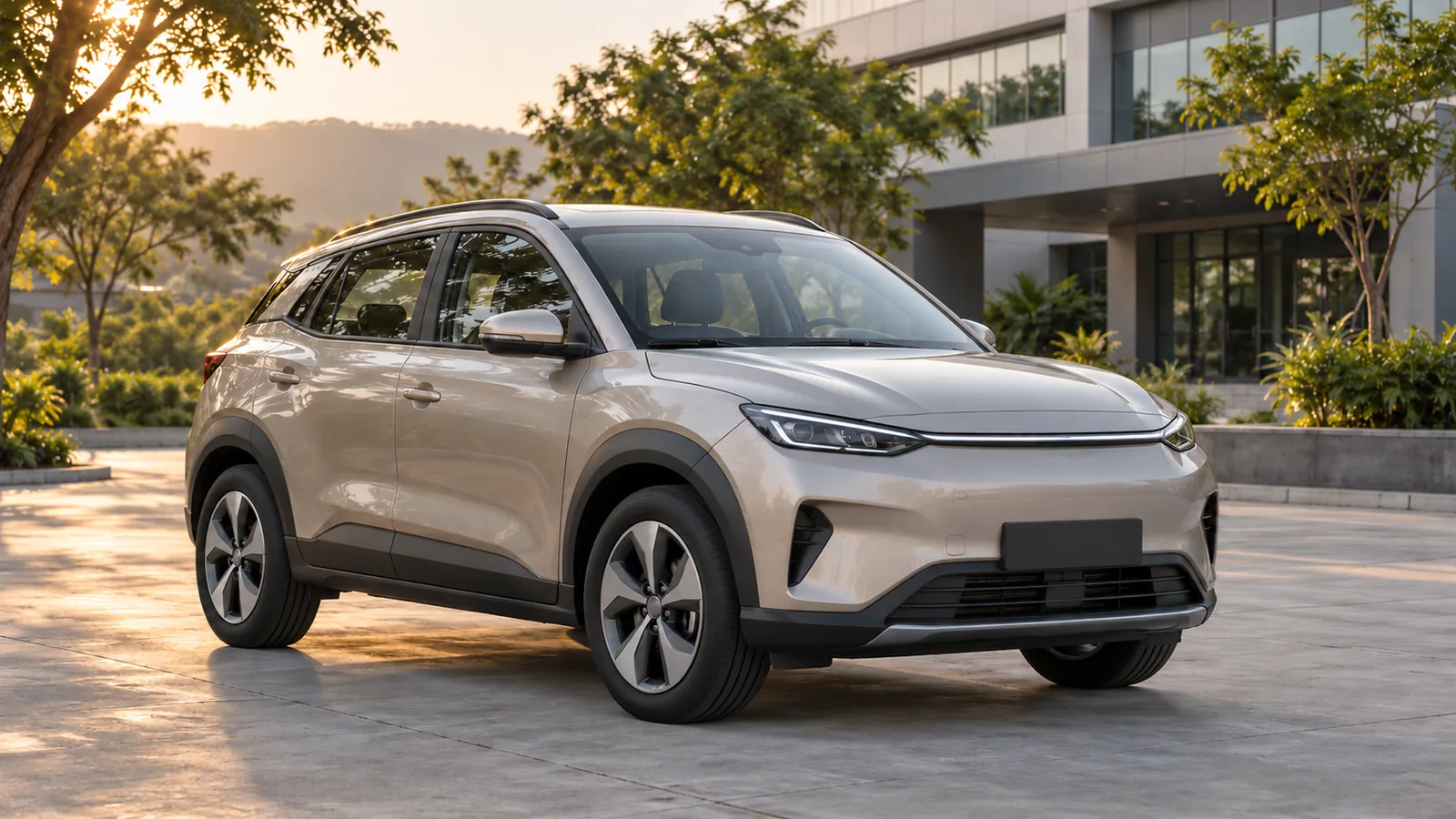 AI-generated generic silver electric crossover at an illustrative Indian research campus, not a Solid Power facility or partner vehicle
