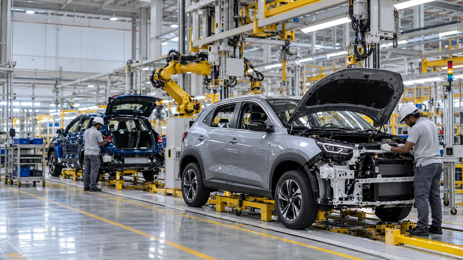 Illustrative modern Indian automotive assembly line with generic compact SUVs
