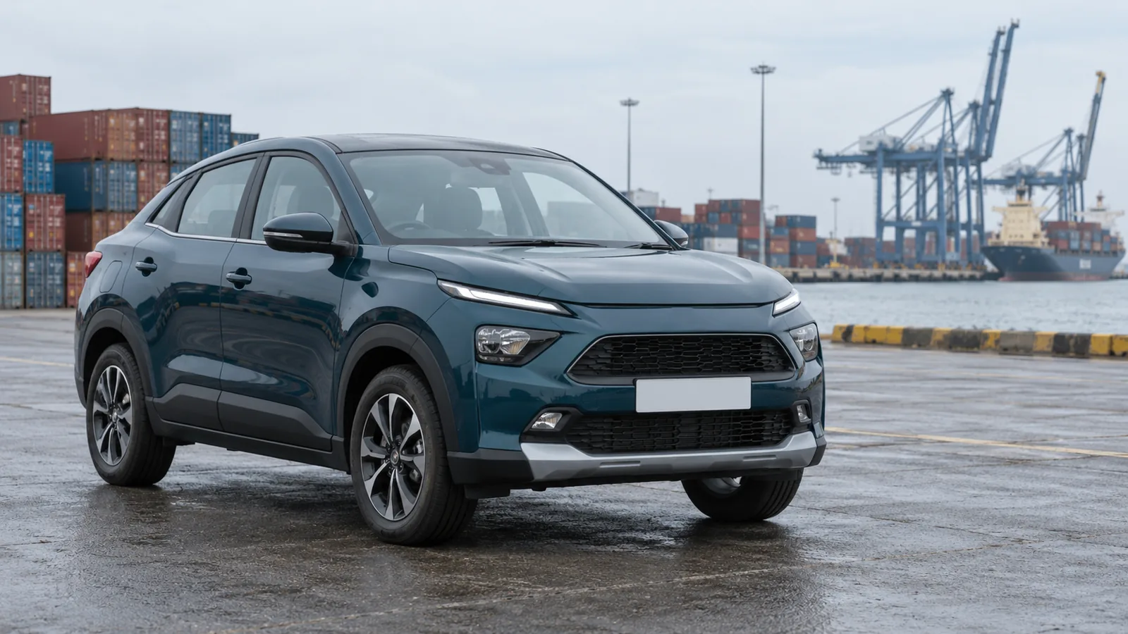 Illustrative unbranded teal compact crossover beside a container terminal in India
