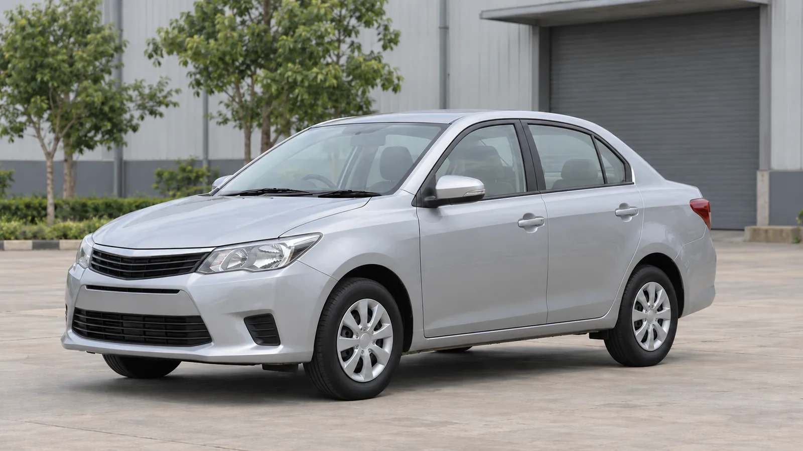 AI-generated generic unbranded silver sedan at an illustrative Haryana industrial forecourt, not a Subros facility or customer vehicle
