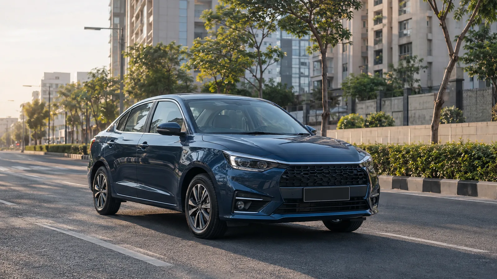 Illustrative generic blue compact sedan on a modern Indian city road