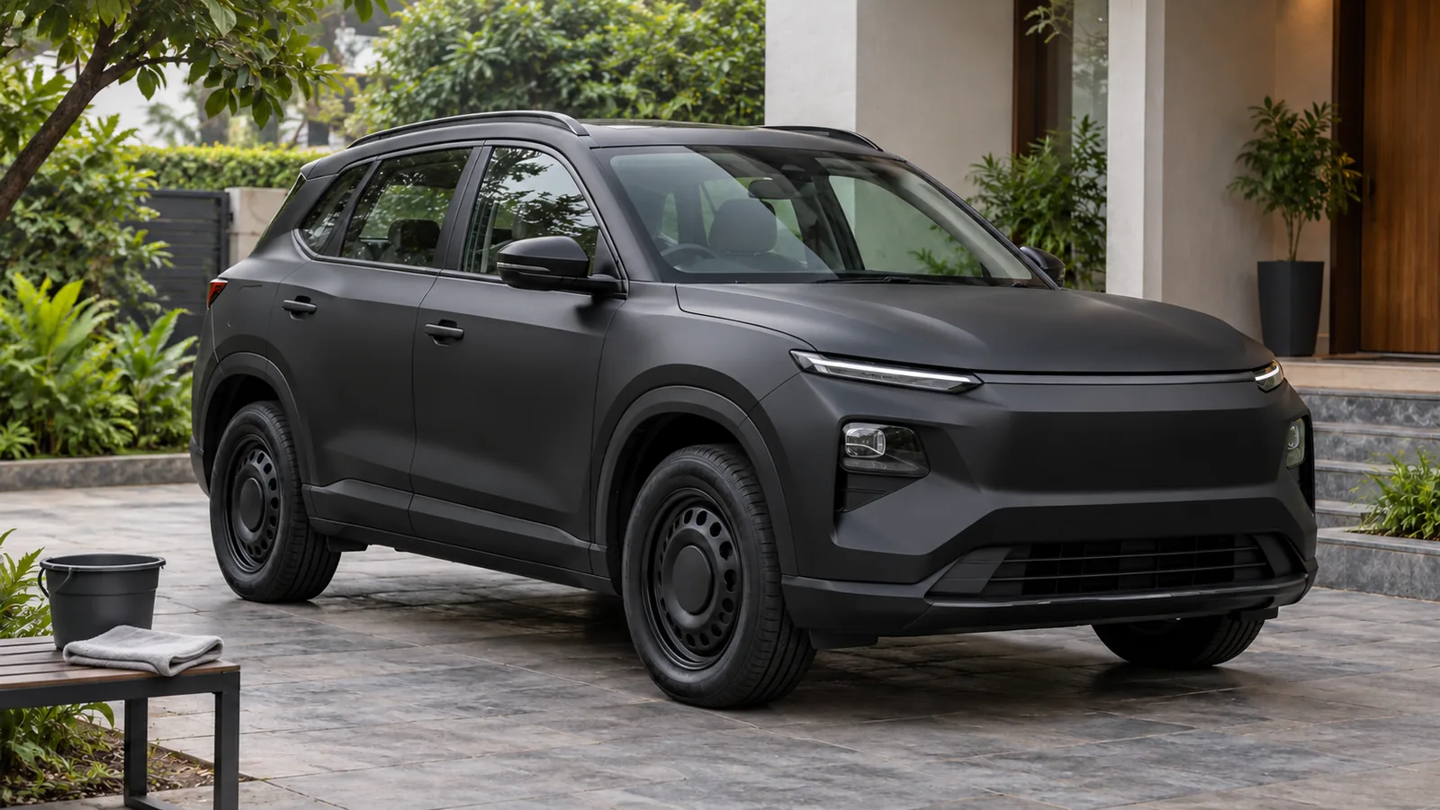 AI-generated generic unbranded matte charcoal SUV beside a Pune-style home, not an actual Tata Harrier.ev or official model design