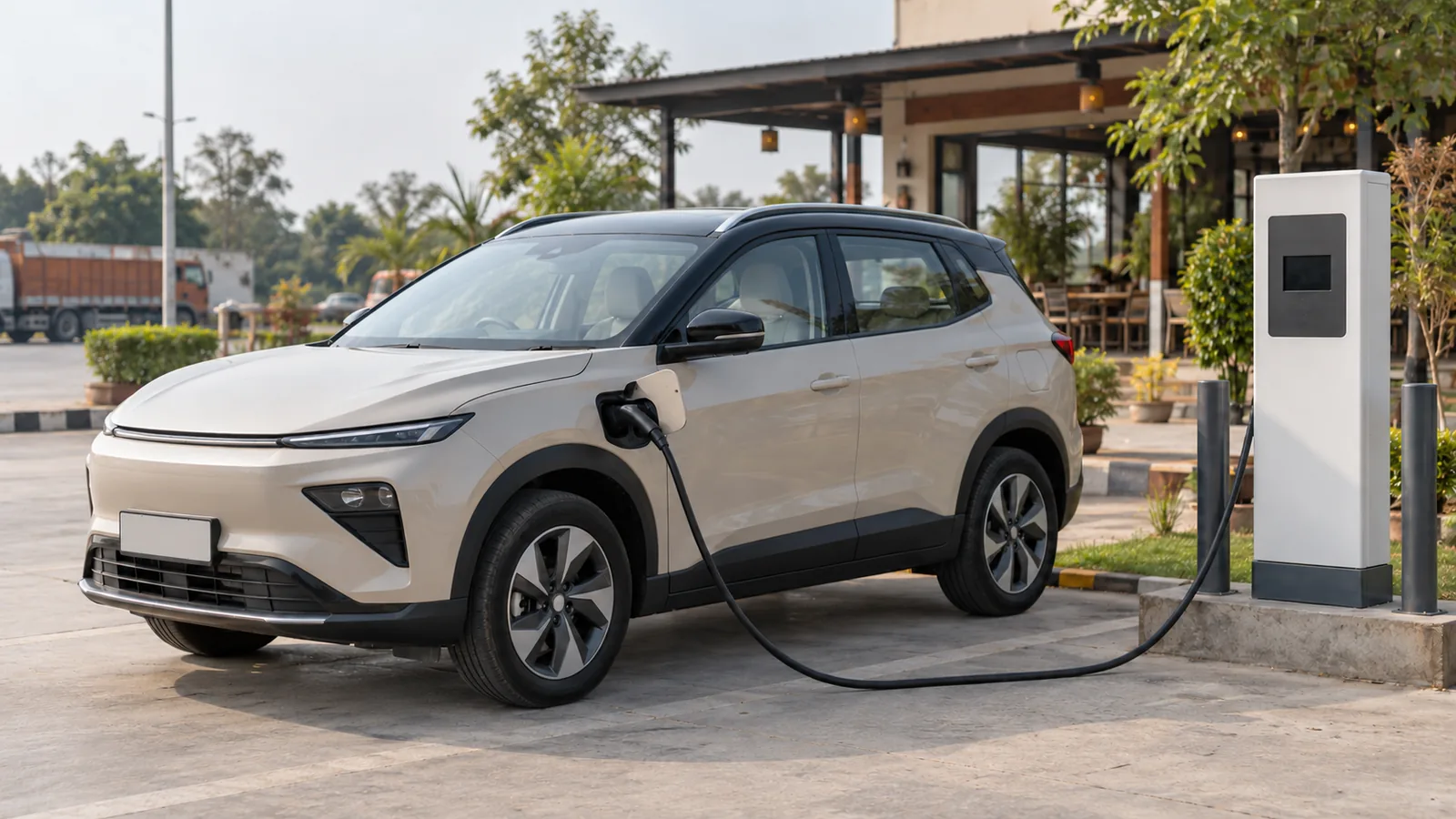 Illustrative unbranded beige electric crossover connected to a generic charger at an Indian roadside forecourt