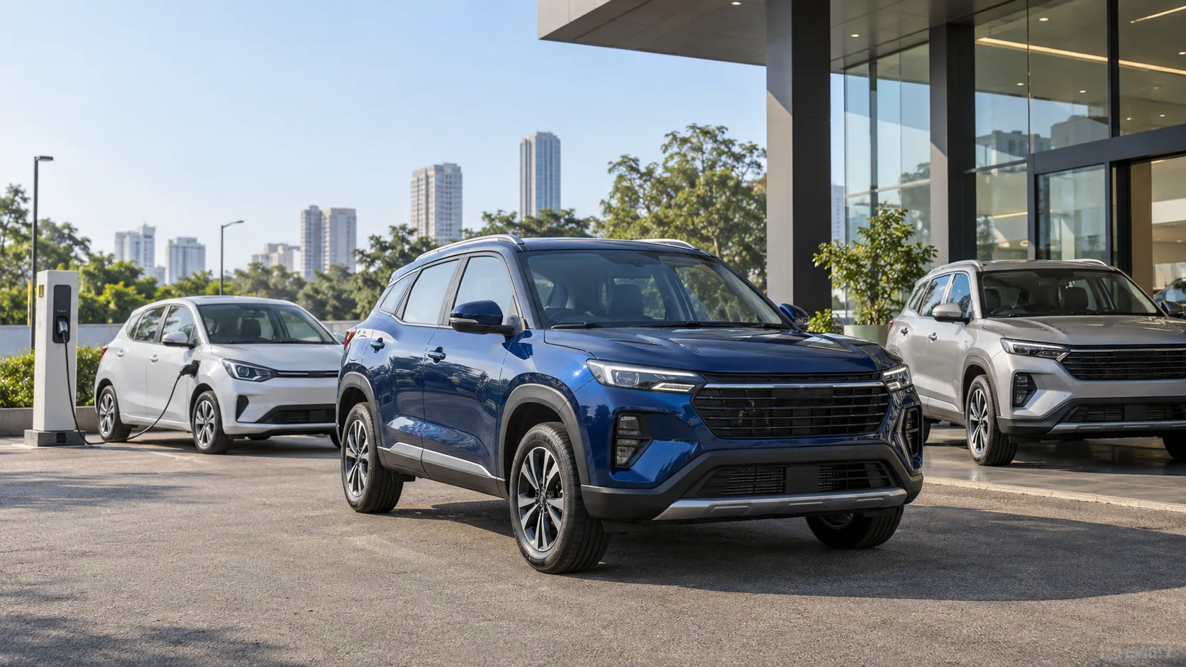 Illustrative unbranded SUVs and electric hatchback outside a modern Indian car dealership
