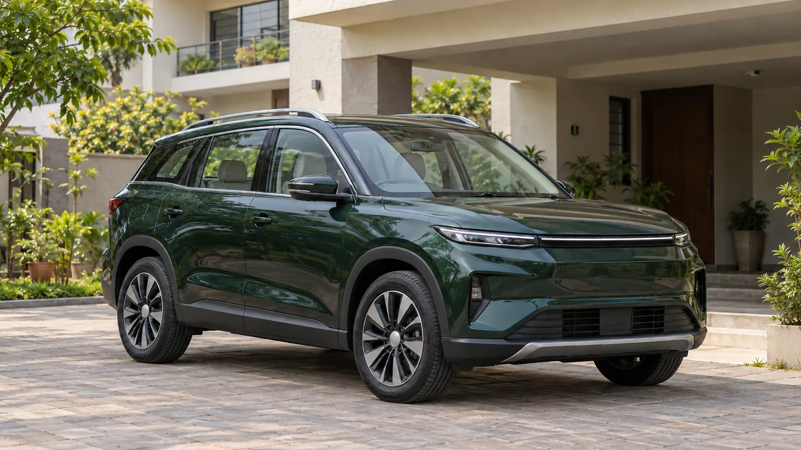 AI-generated illustration of a generic unbranded green electric SUV outside an Indian home, not an actual Tata Sierra.ev
