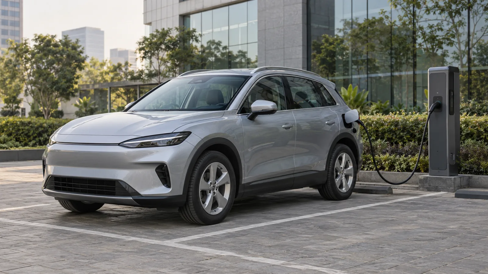 Illustrative unbranded electric SUV connected to a charger at an Indian business park