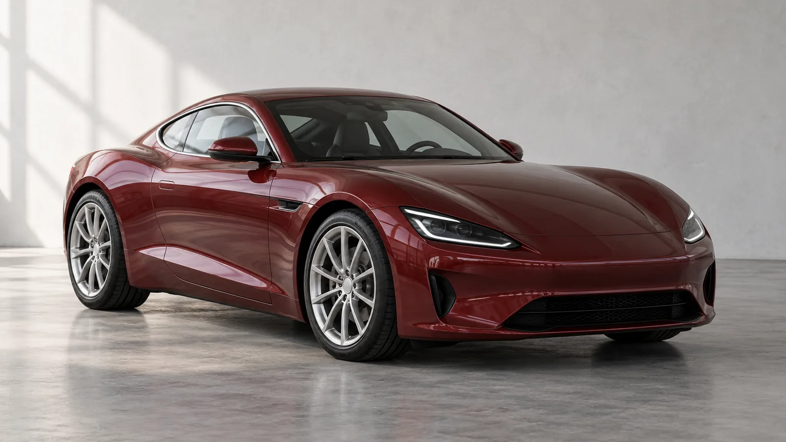 AI-generated illustration of a generic unbranded burgundy sports coupe in a daylight studio, not a Tesla Roadster or official production preview