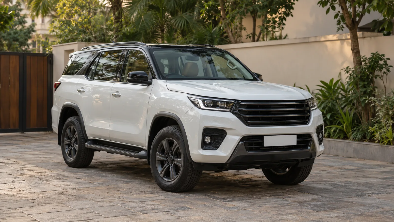Illustrative unbranded white large SUV with a black roof in a Bengaluru residential courtyard
