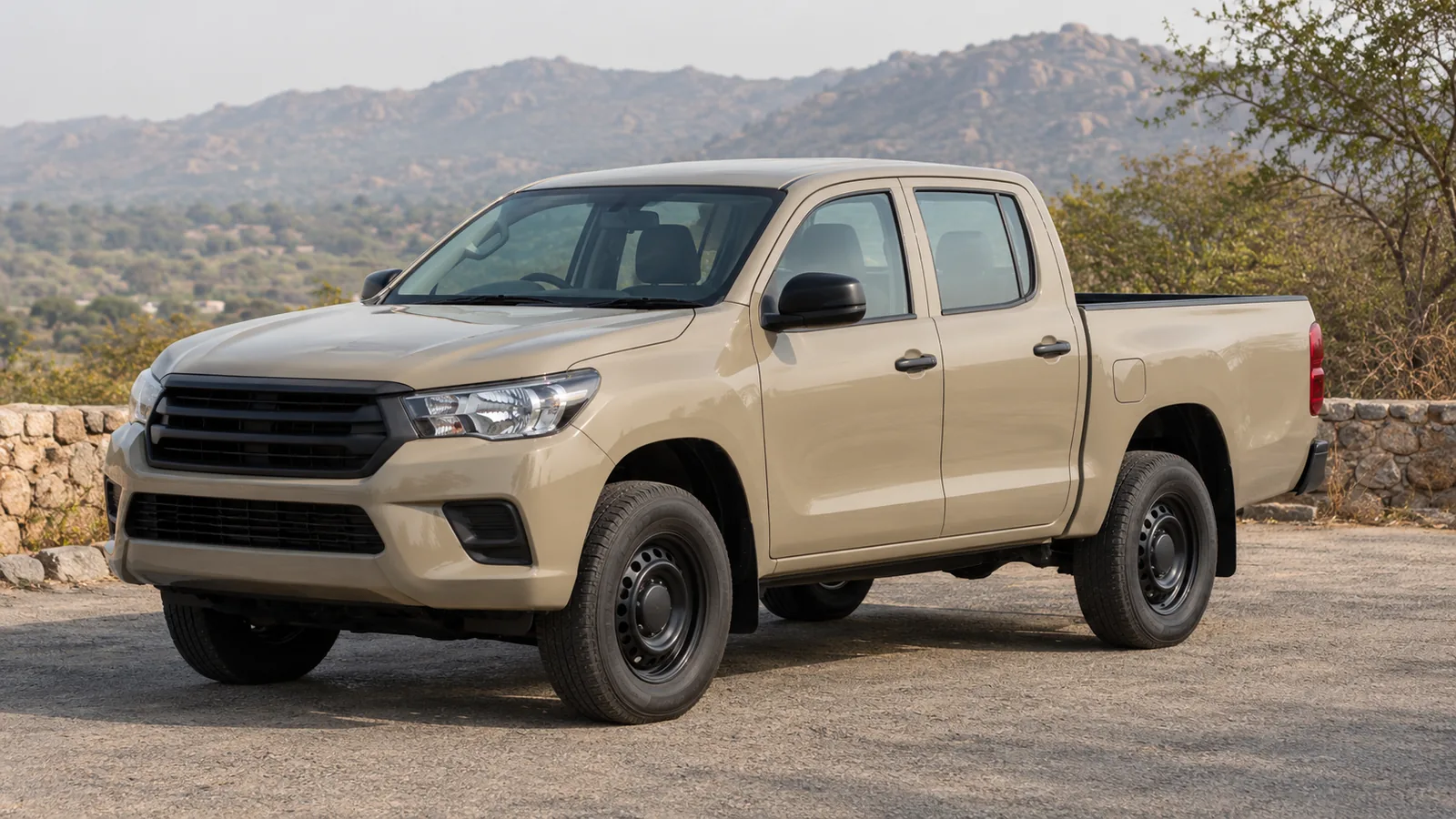 AI-generated illustration of a generic unbranded beige double-cab pickup near Jaipur, not an actual Toyota Hilux or official model design