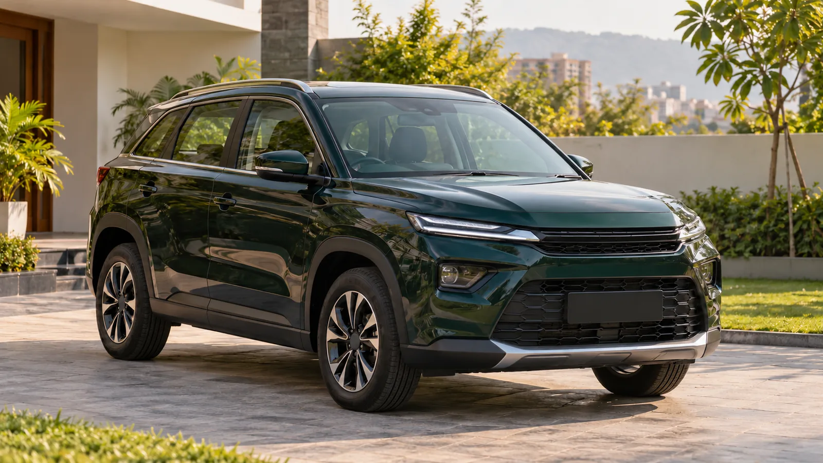 AI-generated illustration of a generic unbranded green SUV at an Indian home, not an actual Toyota Hyryder or official design