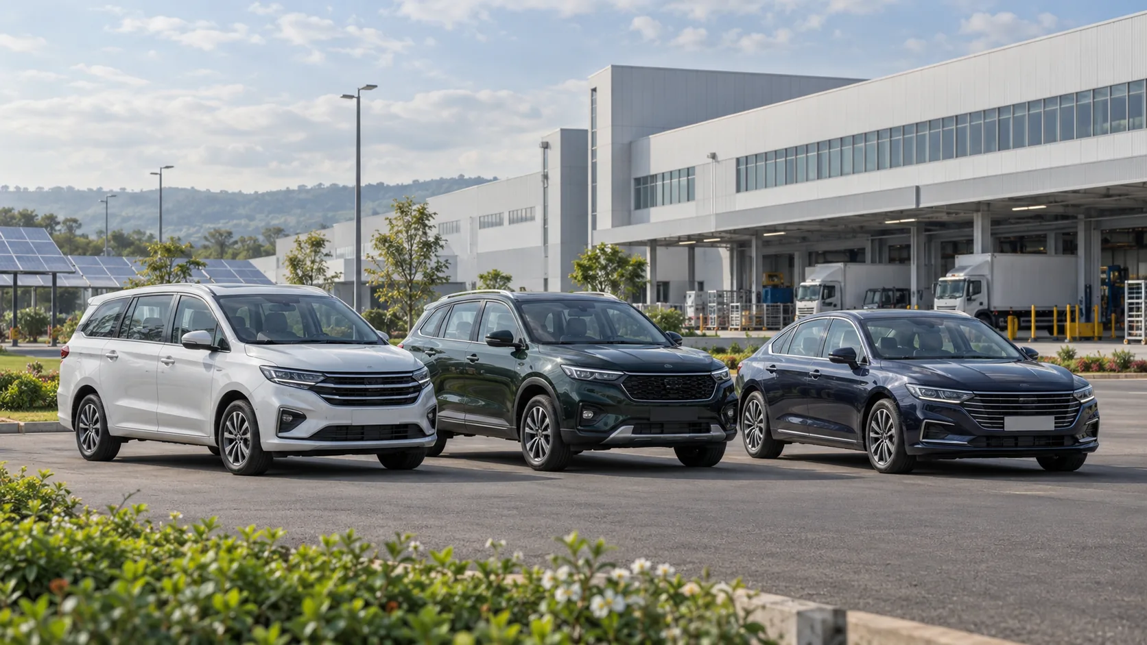Illustrative unbranded MPV, SUV and sedan outside a modern Indian car manufacturing plant