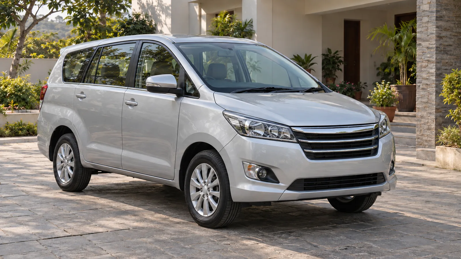 AI-generated illustration of a generic unbranded silver family MPV in an Indian driveway, not an official Toyota Innova Crysta design