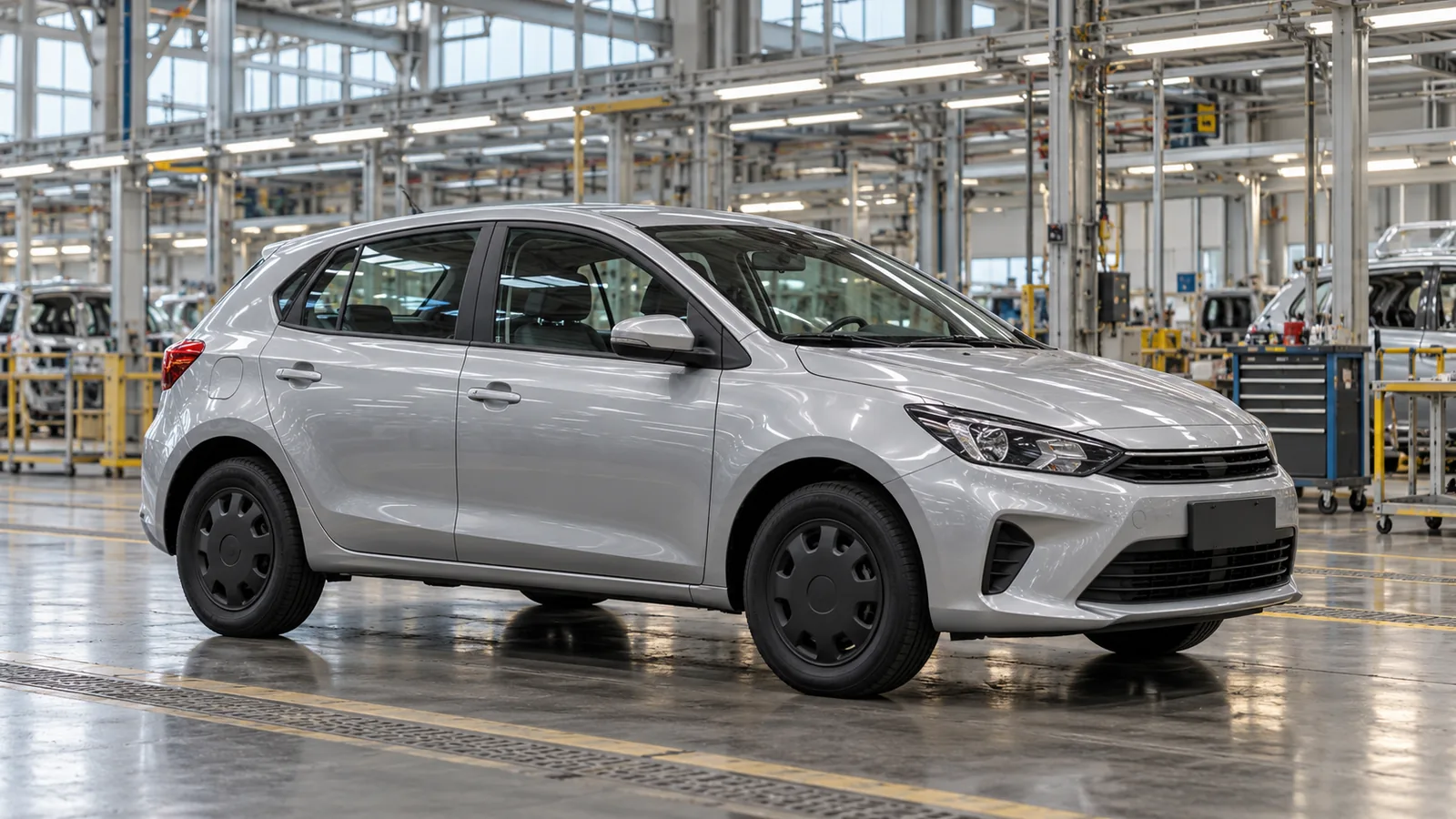 Illustrative generic silver hatchback in a practical automotive final-inspection lane