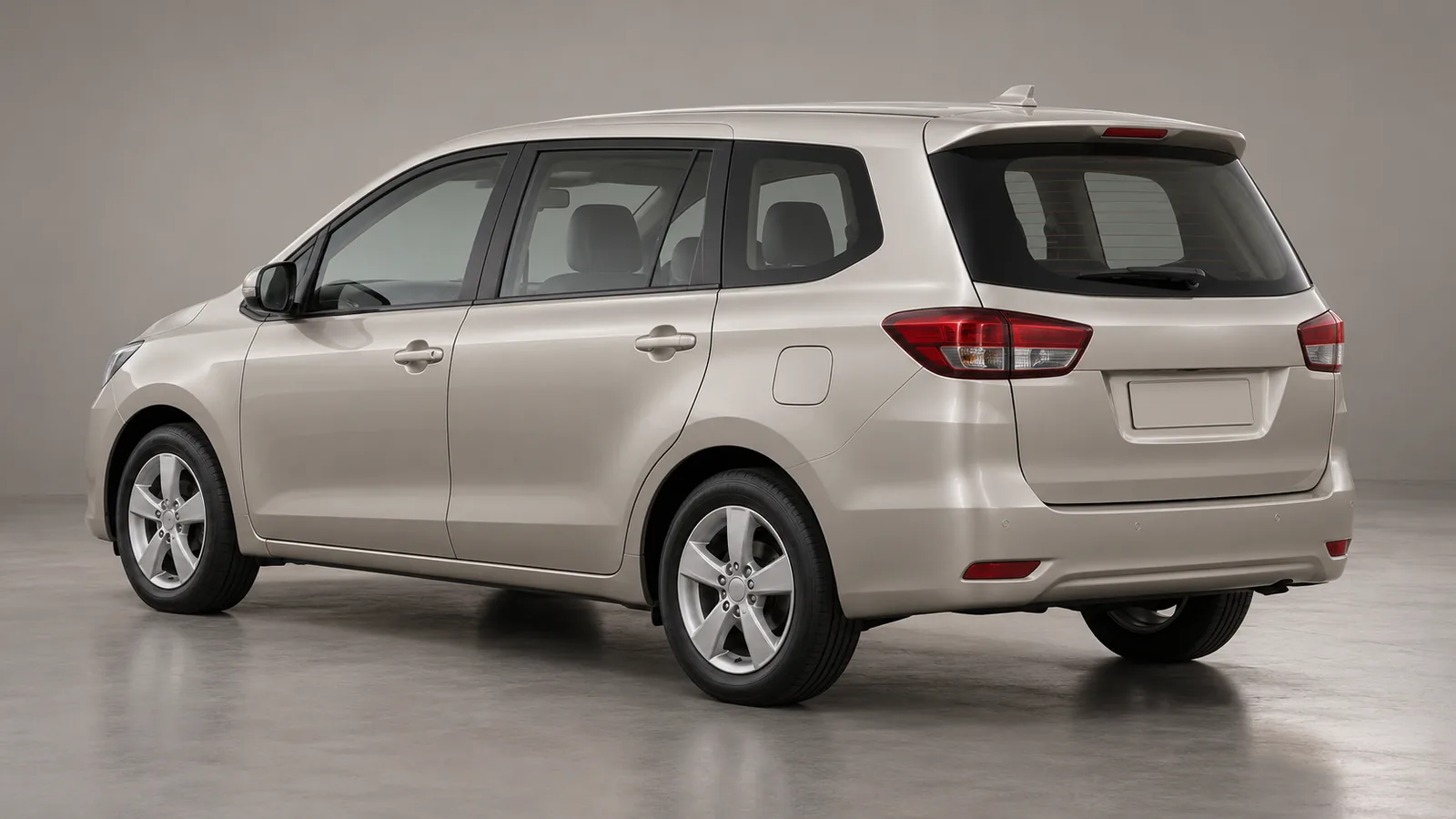 AI-generated generic unbranded champagne-silver family MPV in a photographic studio, not the Toyota Rumion or an official model design