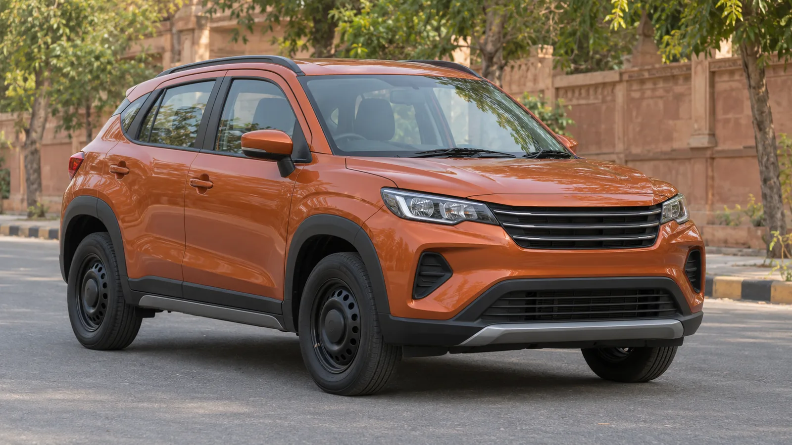 AI-generated generic unbranded burnt-orange crossover on a quiet Jaipur-style street, not an actual Toyota Taisor or official model design