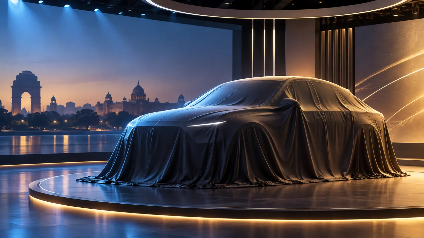 Editorial illustration of an unbranded upcoming car under a cover