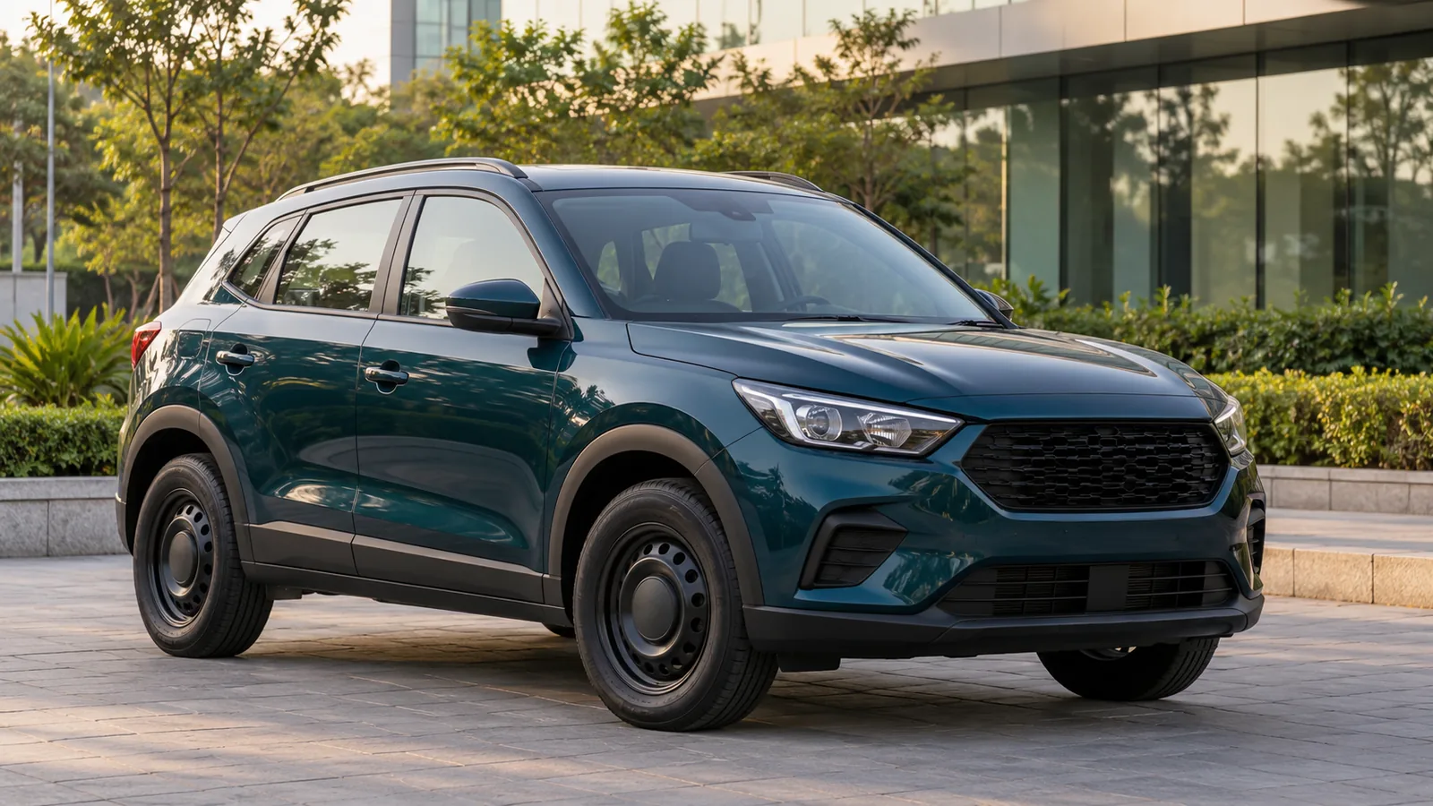 AI-generated illustration of a generic unbranded teal crossover in an Indian office forecourt, not a Valeo vehicle or an official manufacturer design