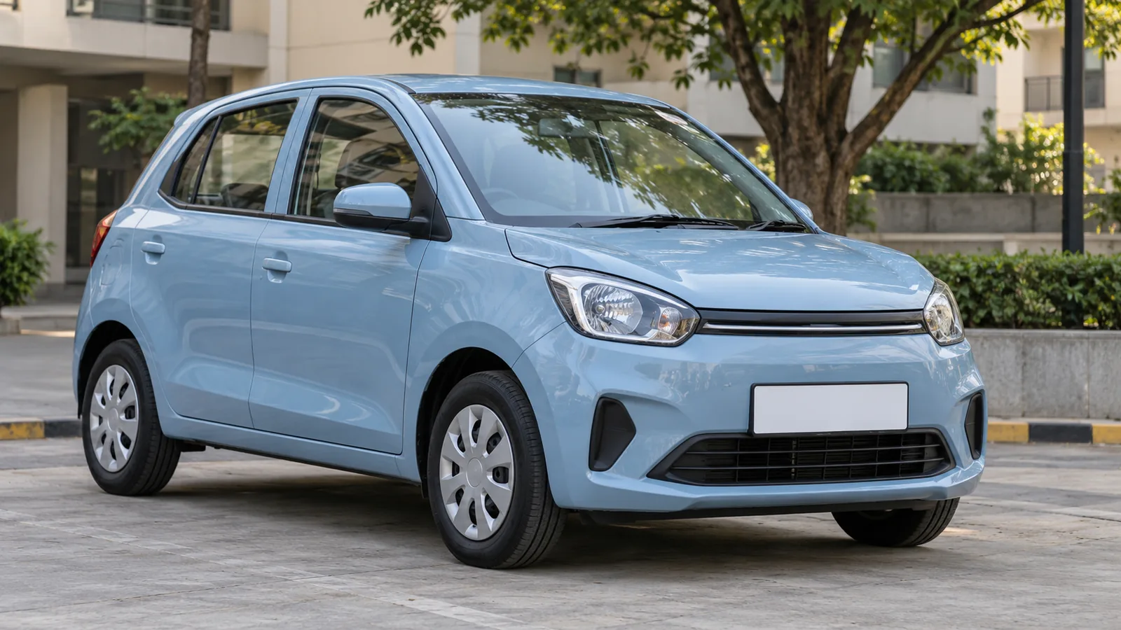 Illustrative unbranded pale blue city electric hatchback parked in an Indian urban courtyard