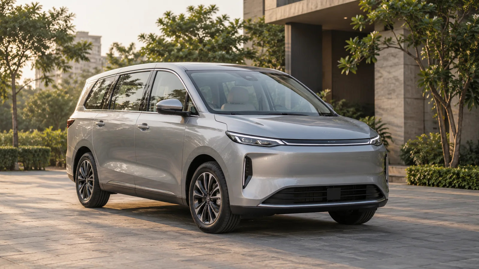 Illustrative generic unbranded seven-seat electric MPV outside a modern Indian residential complex