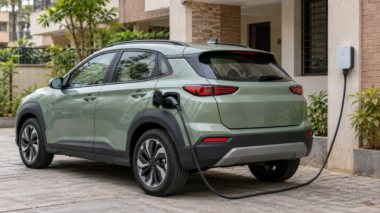 Generic sage-green electric crossover charging in a quiet Indian residential courtyard, illustrative scene