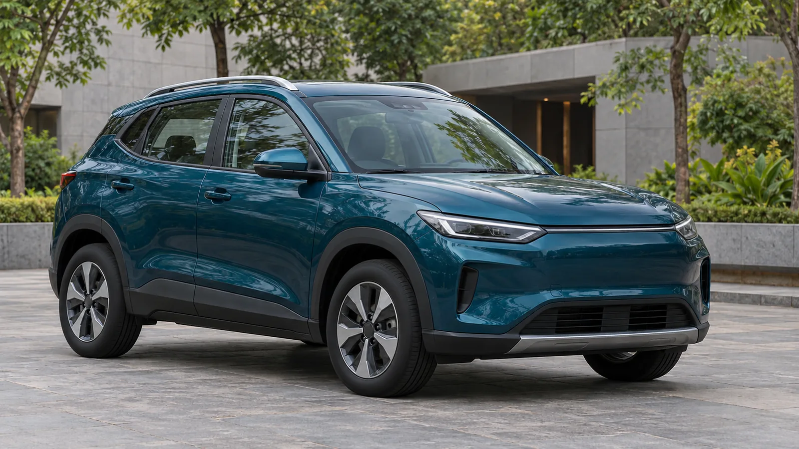 AI-generated generic teal electric crossover in an Indian forecourt, not a VinFast VF 7