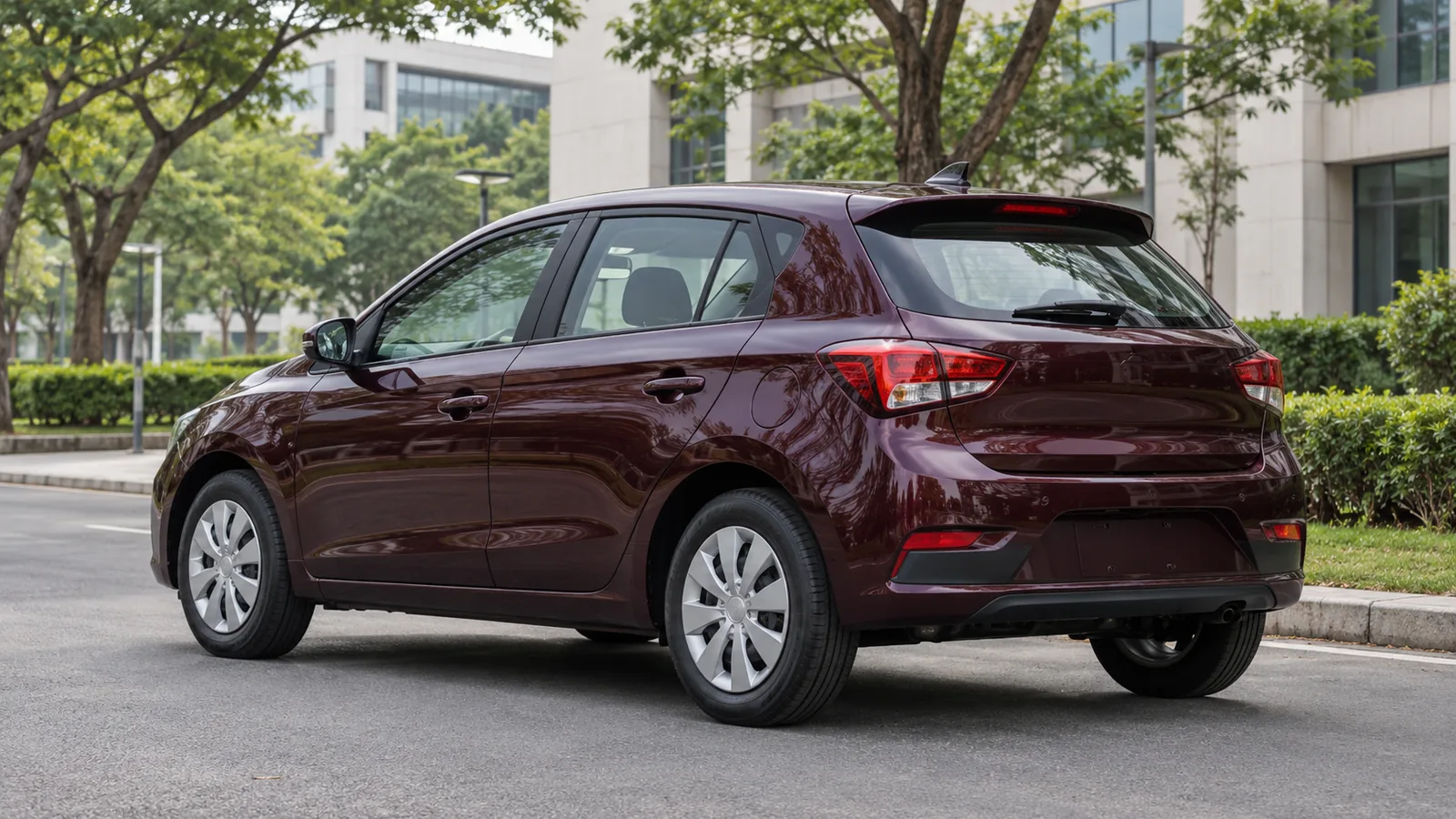 AI-generated generic unbranded burgundy hatchback at an illustrative Bengaluru technology campus, not an actual Visteon customer car or facility