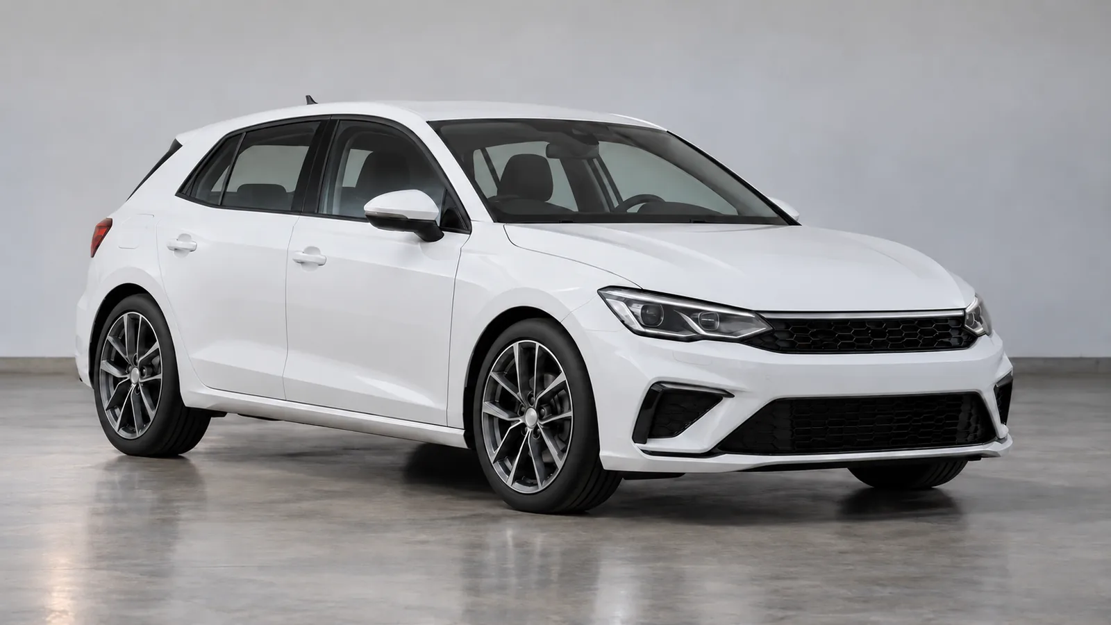 AI-generated generic white performance hatchback in a studio, not a Volkswagen Golf GTI