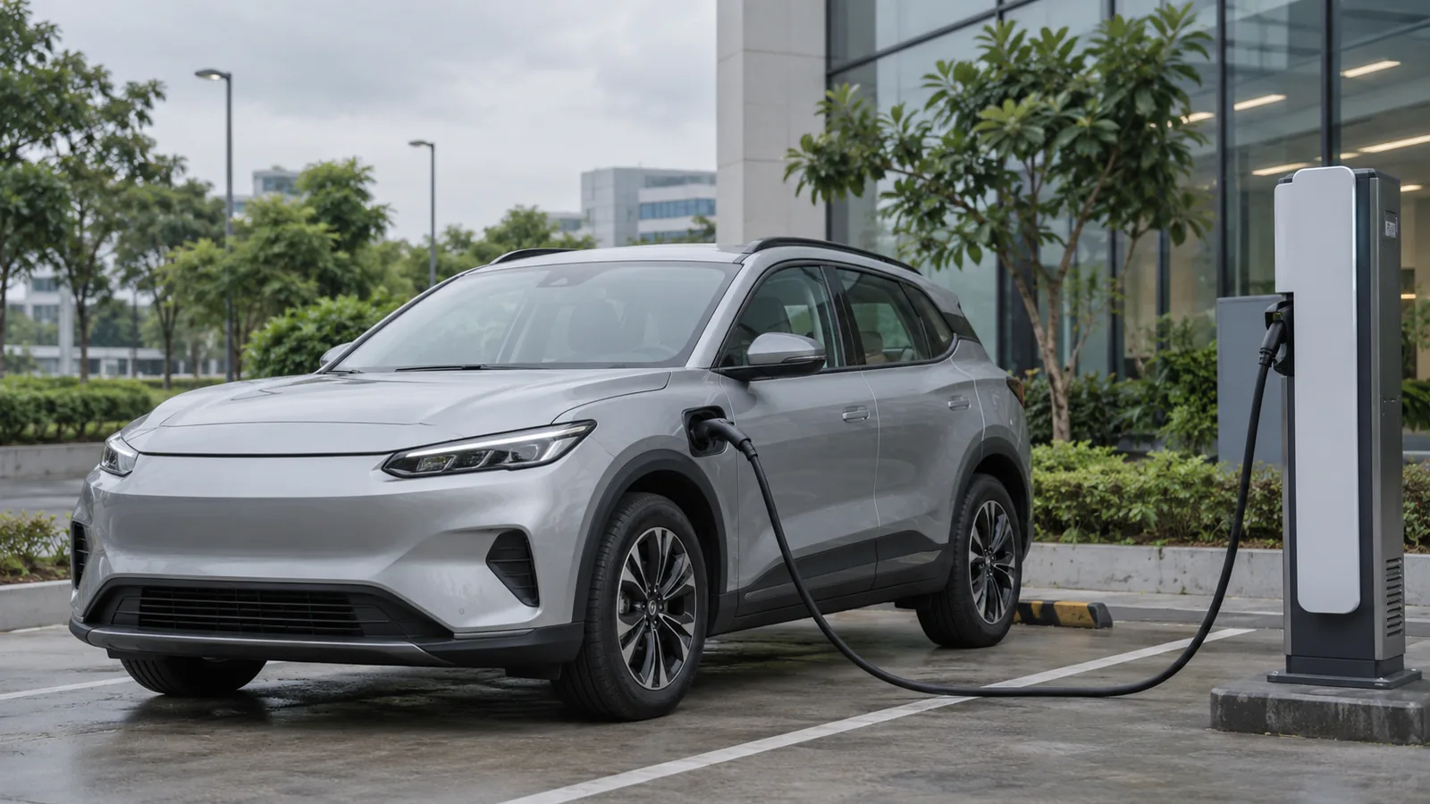 Illustrative unbranded silver electric crossover at an Indian campus charging bay