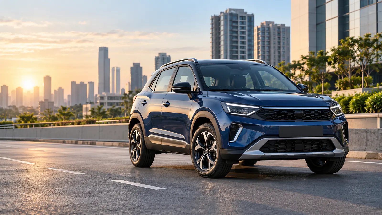 Blue compact SUV driving on a modern Indian city road at sunrise