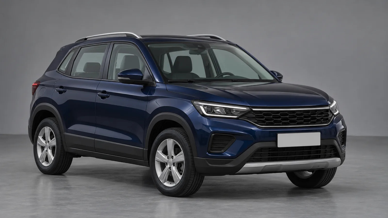 AI-generated generic unbranded navy crossover in a photographic studio, not the Volkswagen Taigun or an official model design