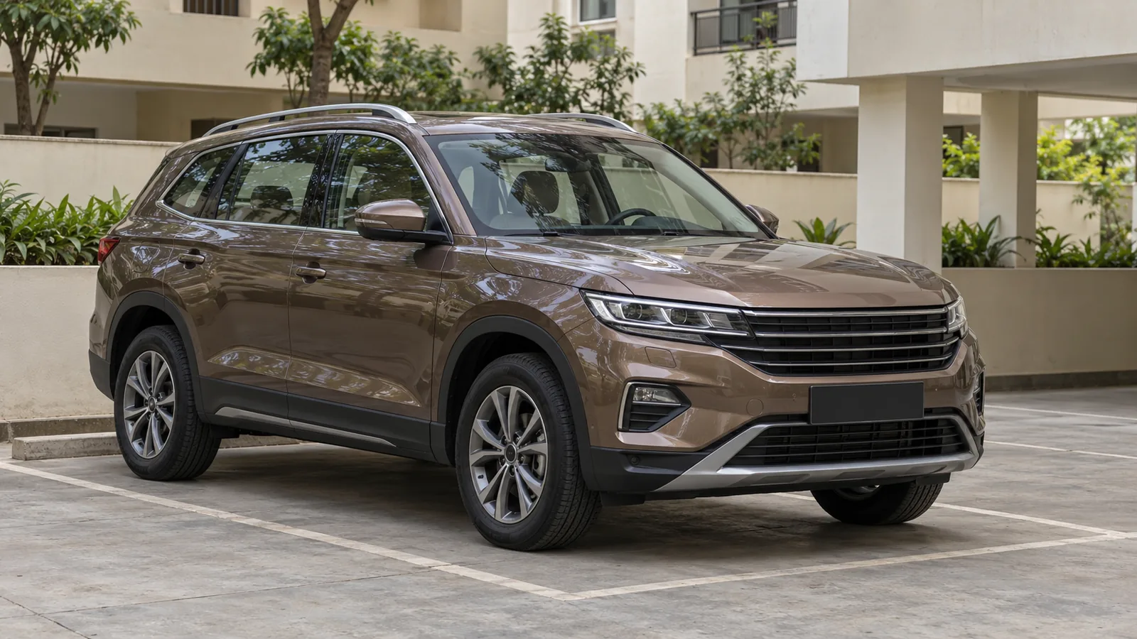 AI-generated illustration of a generic unbranded bronze crossover in an Indian parking bay, not an official Volkswagen Tayron design