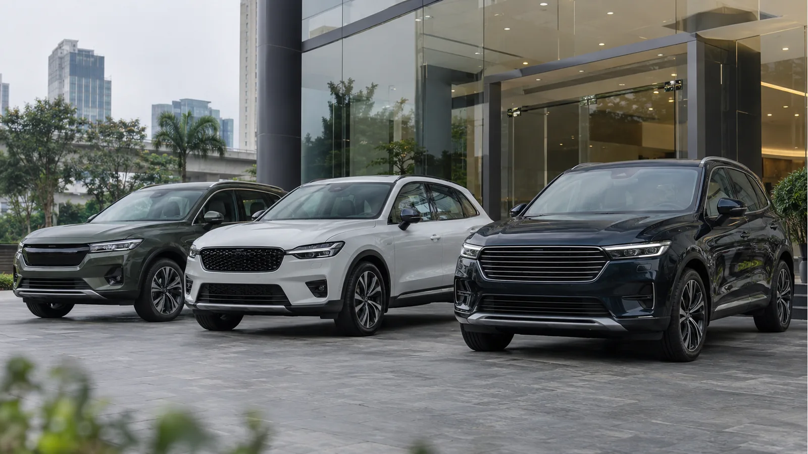 Illustrative unbranded premium SUVs outside a modern Indian dealership