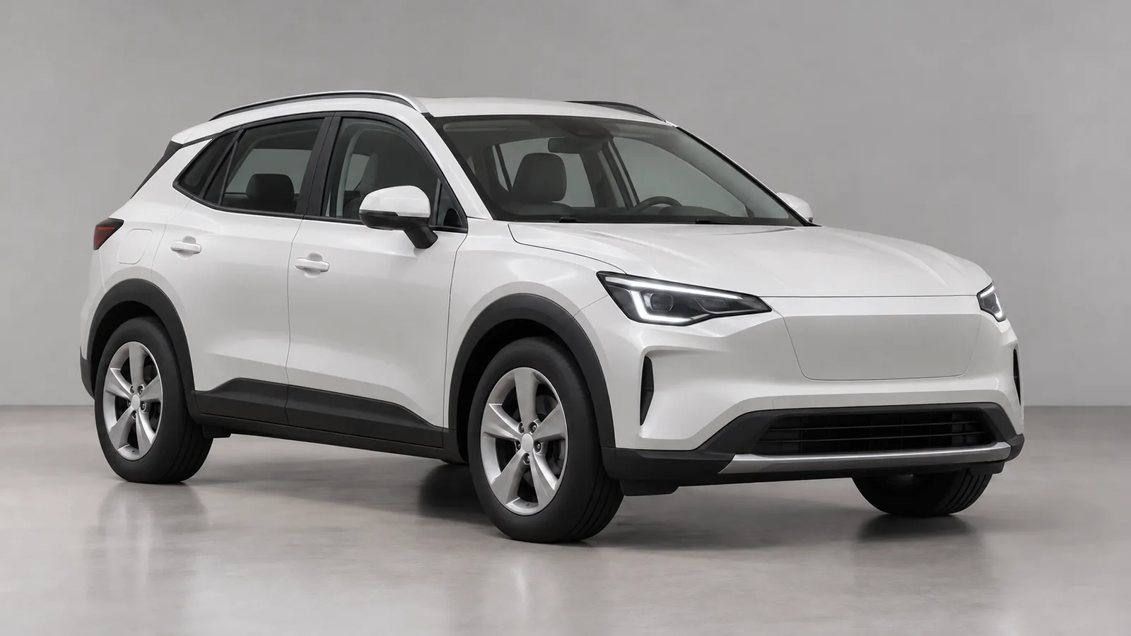 AI-generated generic unbranded pearl-white compact electric crossover in a professional studio, not the actual Volvo EX30