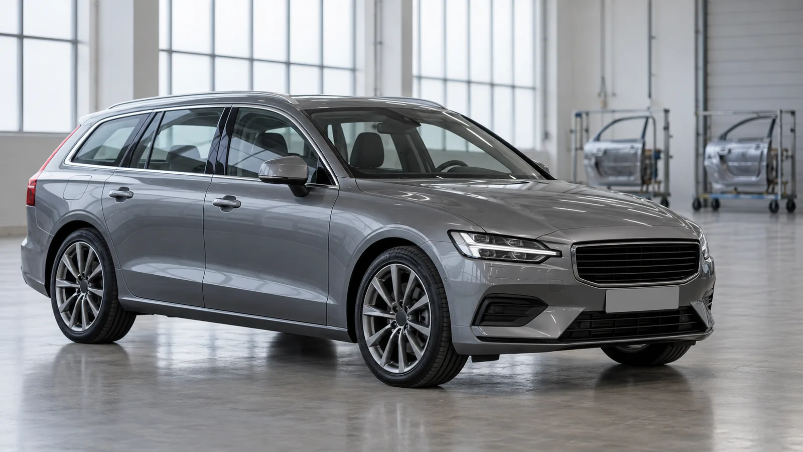 AI-generated illustration of a generic unbranded silver estate car in an automotive studio, not an actual Volvo model or Volvo–Geely factory