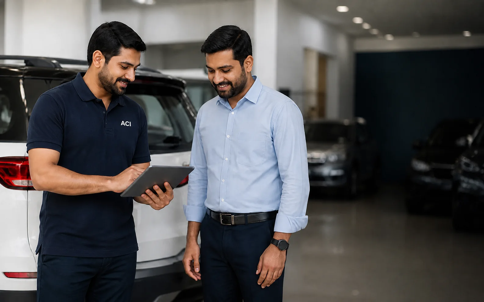 AutoCred relationship manager guiding a customer beside a car
